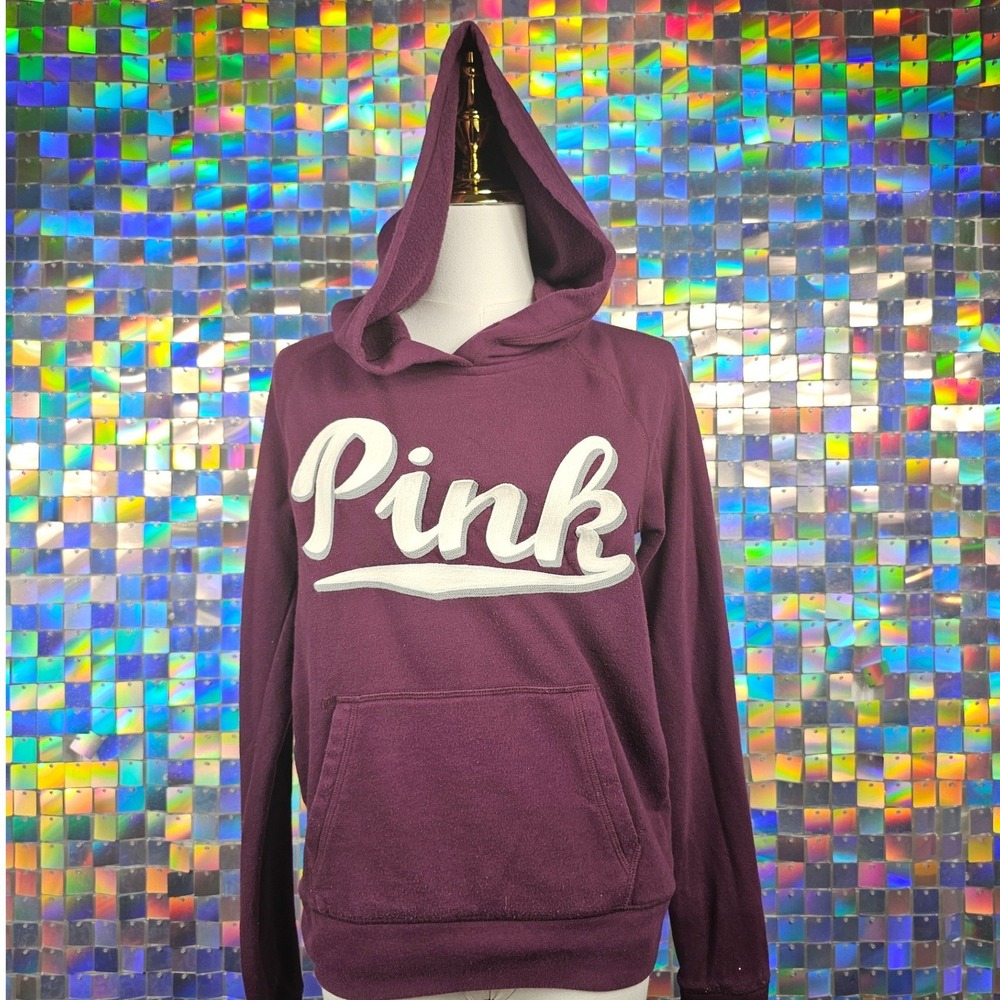 Pink Victoria's Secret Hoodie Pullover Maroon Logo Graphic Fleece Lined